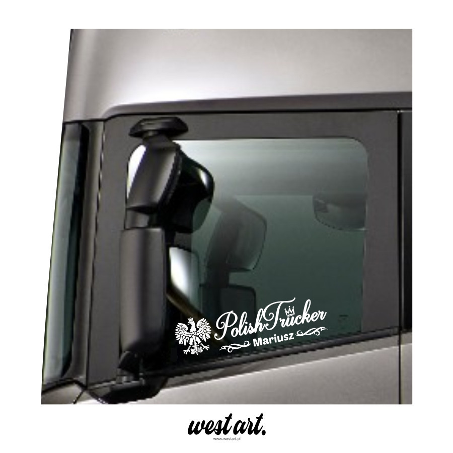 Naklejka na tira szybę Polish Trucker + Imię, Naklejki na ciężarówkę.