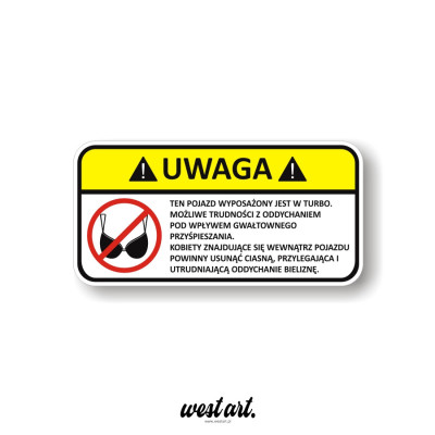 Naklejka na auto szybę Uwaga Turbo zakaz w biustonoszu, Naklejki na auto samochód