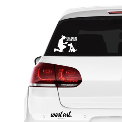 Naklejka na auto szybę Dwa Serca Jedno Bicie Pies Nie krzywdź, Naklejki na samochód